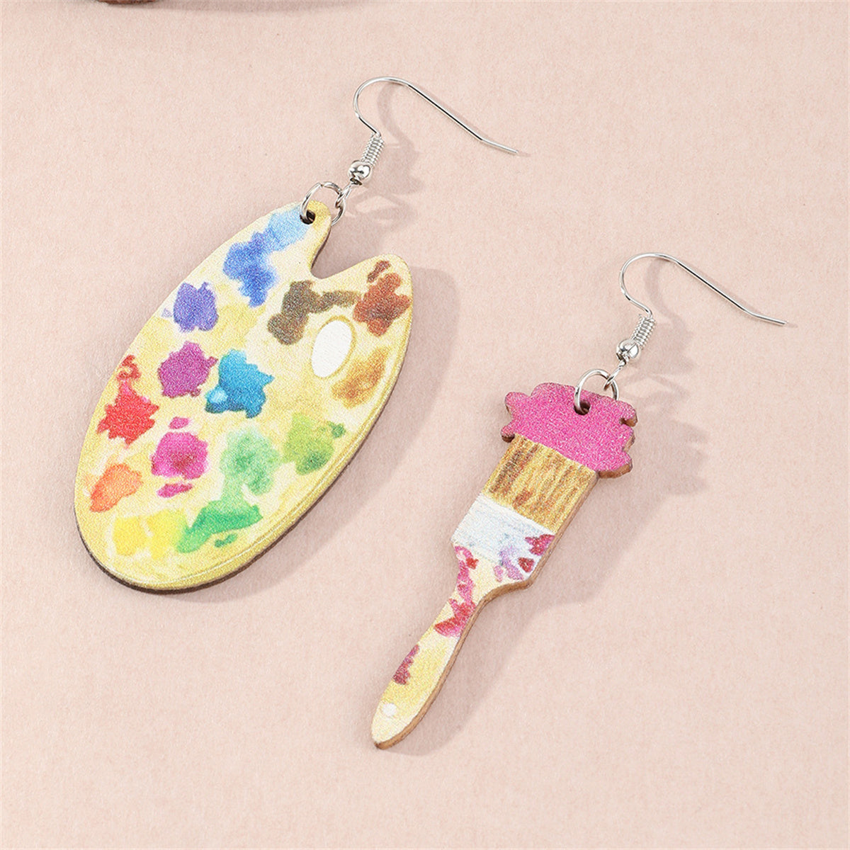 Vibrant Wood Palette Brush Mismatched Drop Earrings, drop earrings for women, vintage-inspired design, detail close-up