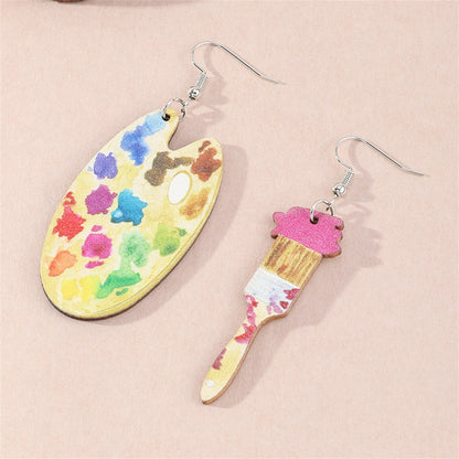 Vibrant Wood Palette Brush Mismatched Drop Earrings, drop earrings for women, vintage-inspired design, detail close-up