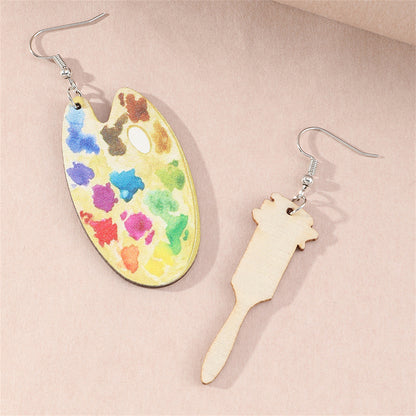 Vibrant Wood Palette Brush Mismatched Drop Earrings, drop earrings for women, vintage-inspired design, side view