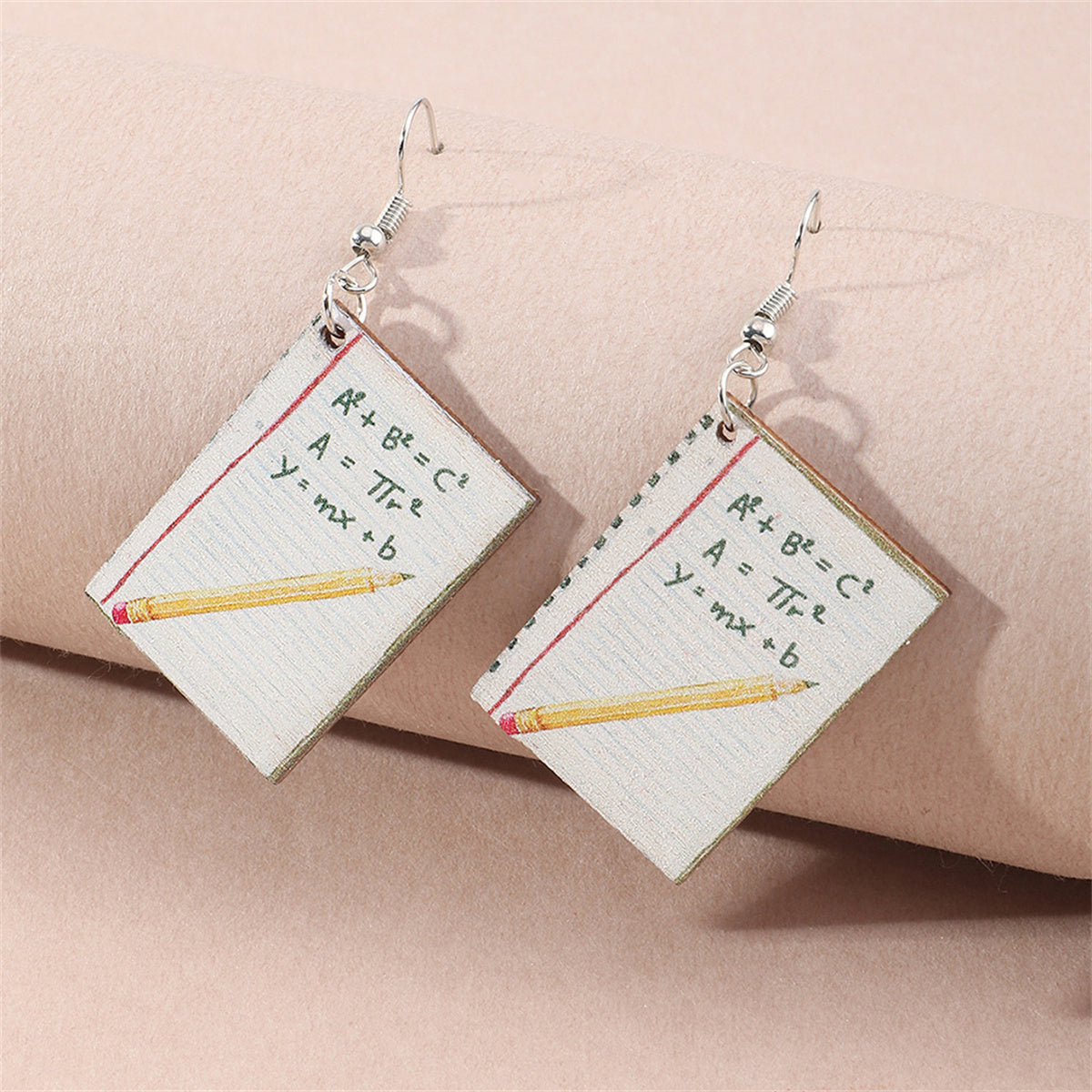 White Wood and Silver-Plated Book Drop Earrings, silver drop earrings for women, dainty minimalist design, side view