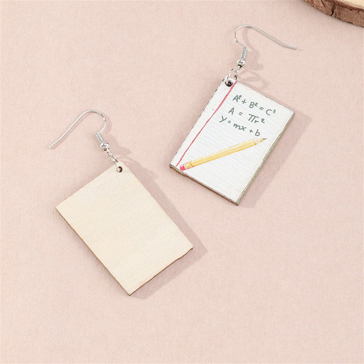 White Wood and Silver-Plated Book Drop Earrings, silver drop earrings for women, dainty minimalist design, front view