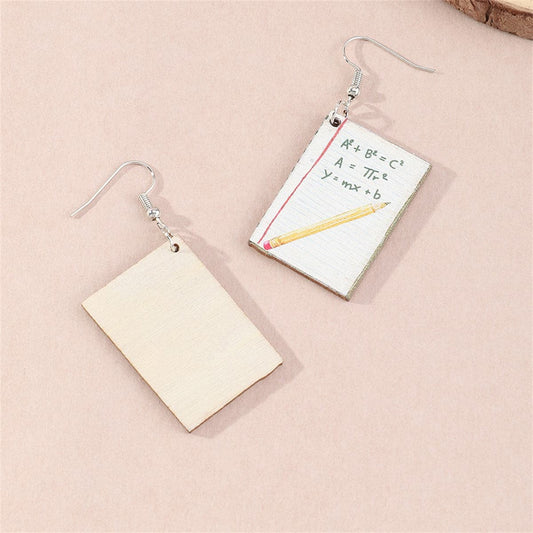 White Wood and Silver-Plated Book Drop Earrings, silver drop earrings for women, dainty minimalist design, front view