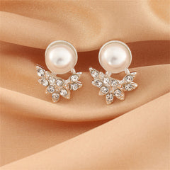 Cubic Zirconia & Pearl Silver-Plated Round Leaf Stud Earrings