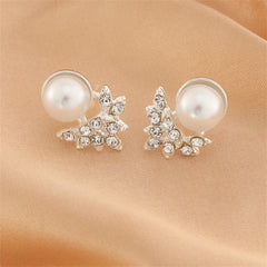 Cubic Zirconia & Pearl Silver-Plated Round Leaf Stud Earrings
