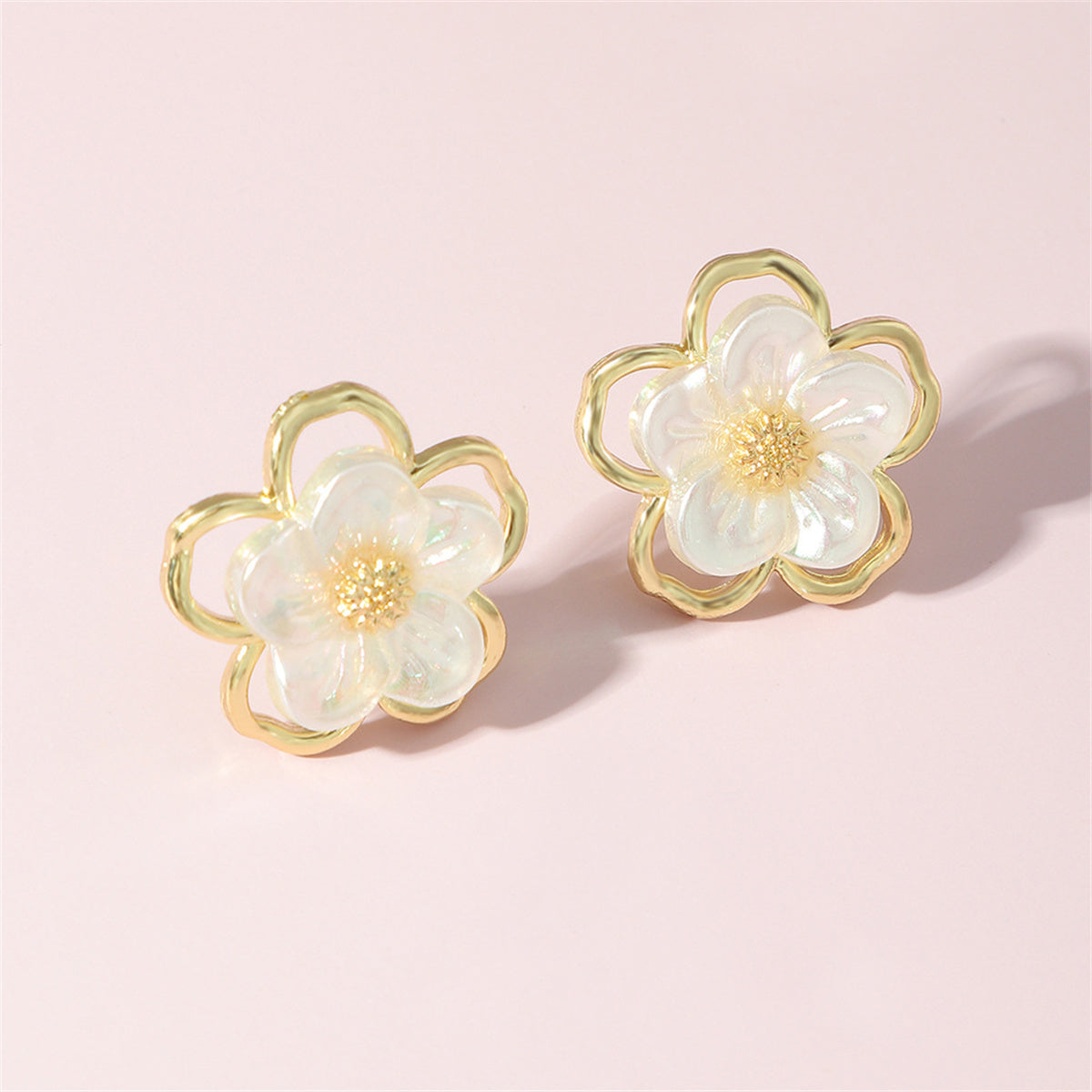 White Acrylic and 18K Gold-Plated Floral Stud Earrings, gold stud earrings for women, elegant gift for her, front view