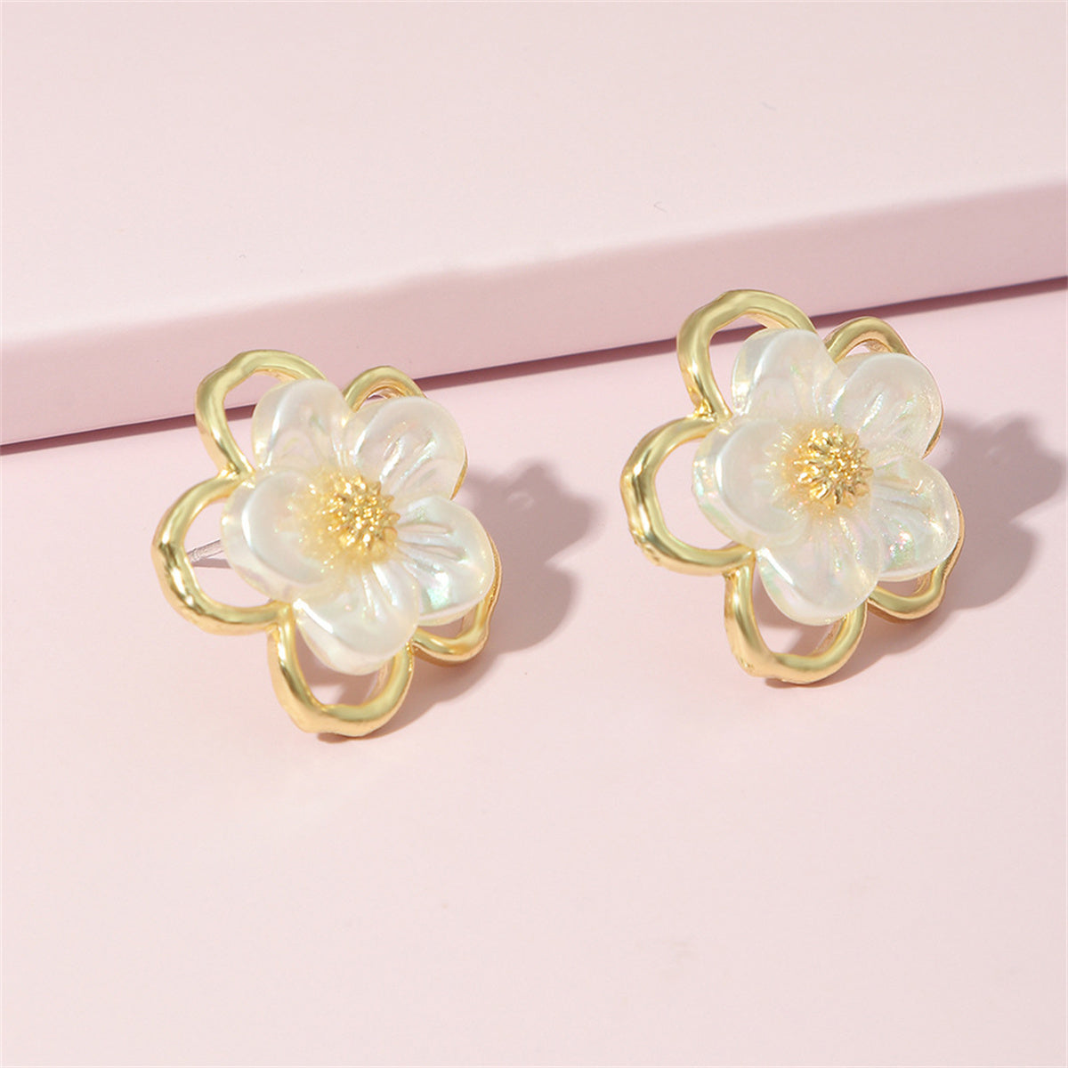 White Acrylic and 18K Gold-Plated Floral Stud Earrings, gold stud earrings for women, elegant gift for her, lifestyle look