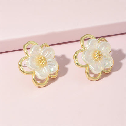 White Acrylic and 18K Gold-Plated Floral Stud Earrings, gold stud earrings for women, elegant gift for her, lifestyle look
