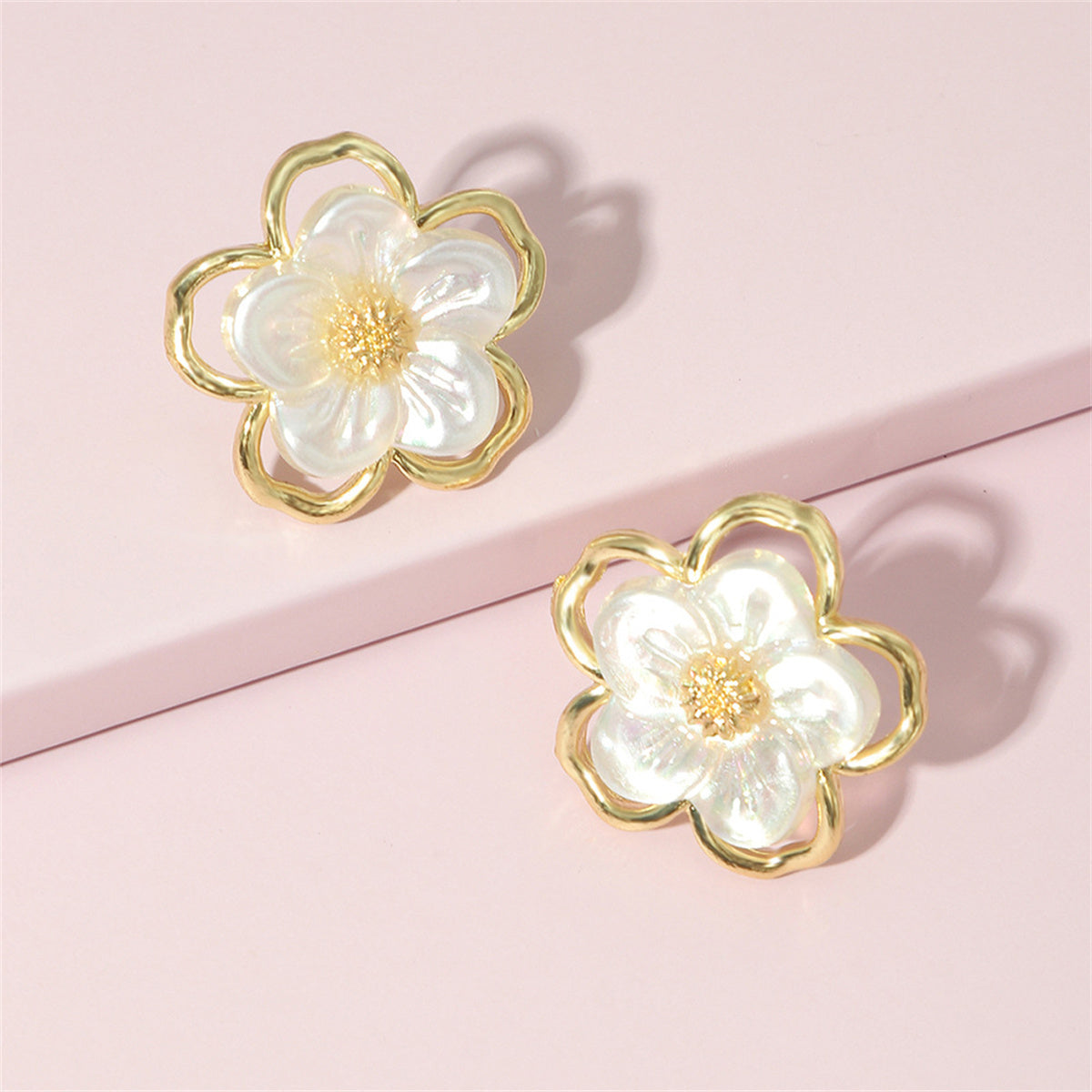 White Acrylic and 18K Gold-Plated Floral Stud Earrings, gold stud earrings for women, elegant gift for her, side view