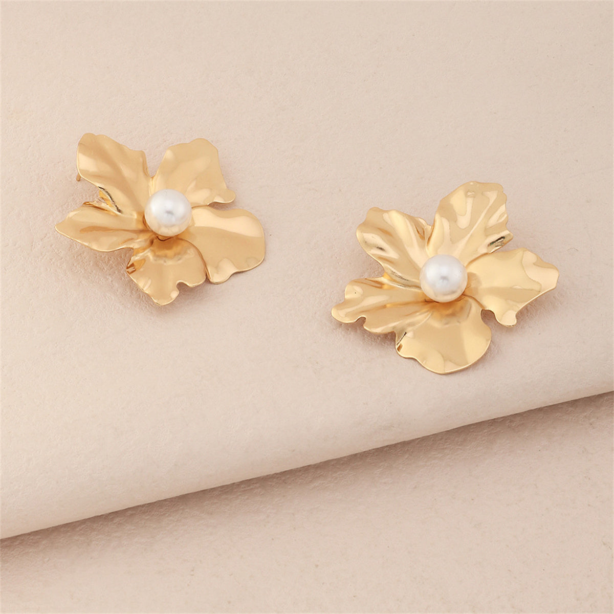 Pearl and 18K Gold-Plated Floral Stud Earrings, gold stud earrings for women, vintage-inspired design, front view