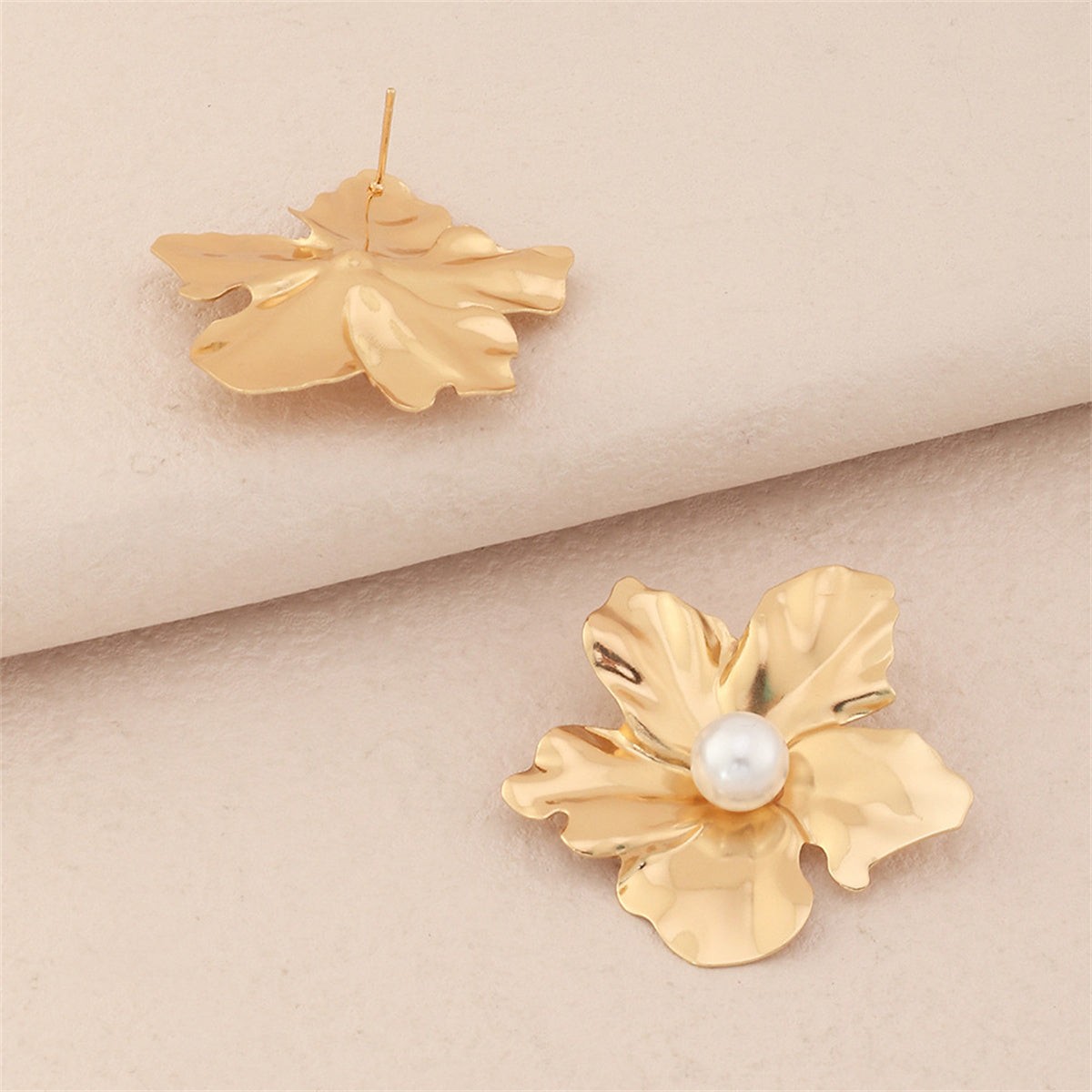 Pearl and 18K Gold-Plated Floral Stud Earrings, gold stud earrings for women, vintage-inspired design, side view