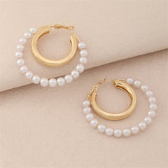 Pearl & 18K Gold-Plated Bead Circle Layered Drop Earrings