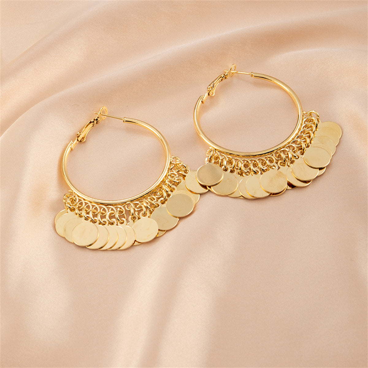 18K Gold-Plated Disc Tassel Huggie Earrings, gold huggie earrings, everyday style, side view