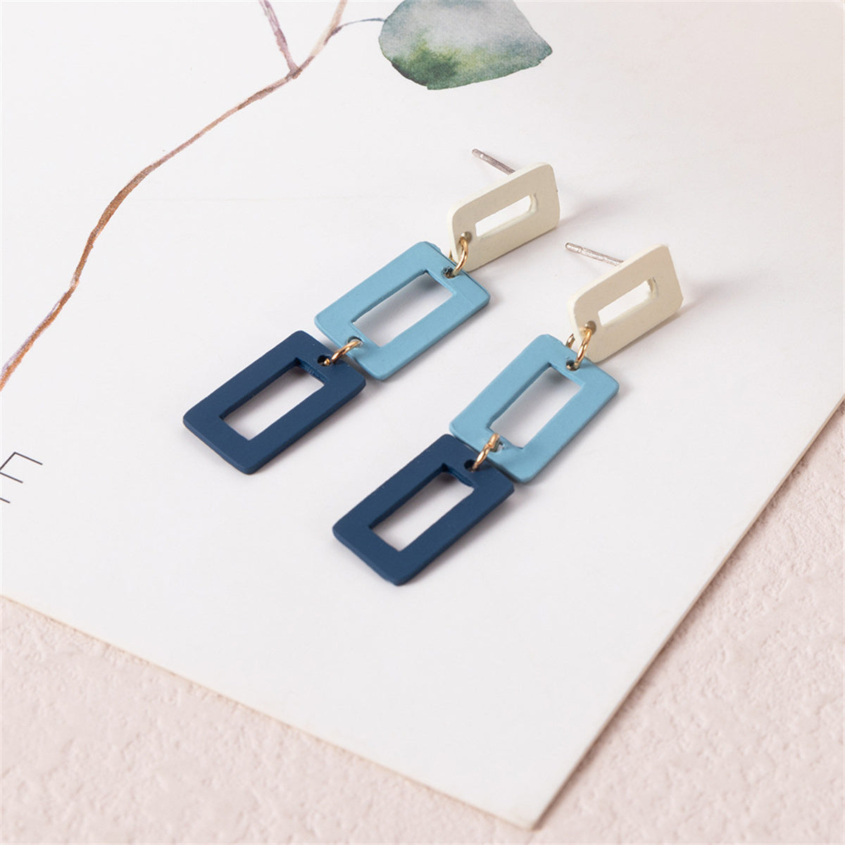 Blue Multicolor and 18K Gold-Plated Rectangle Drop Earrings, gold drop earrings for women, detail close-up