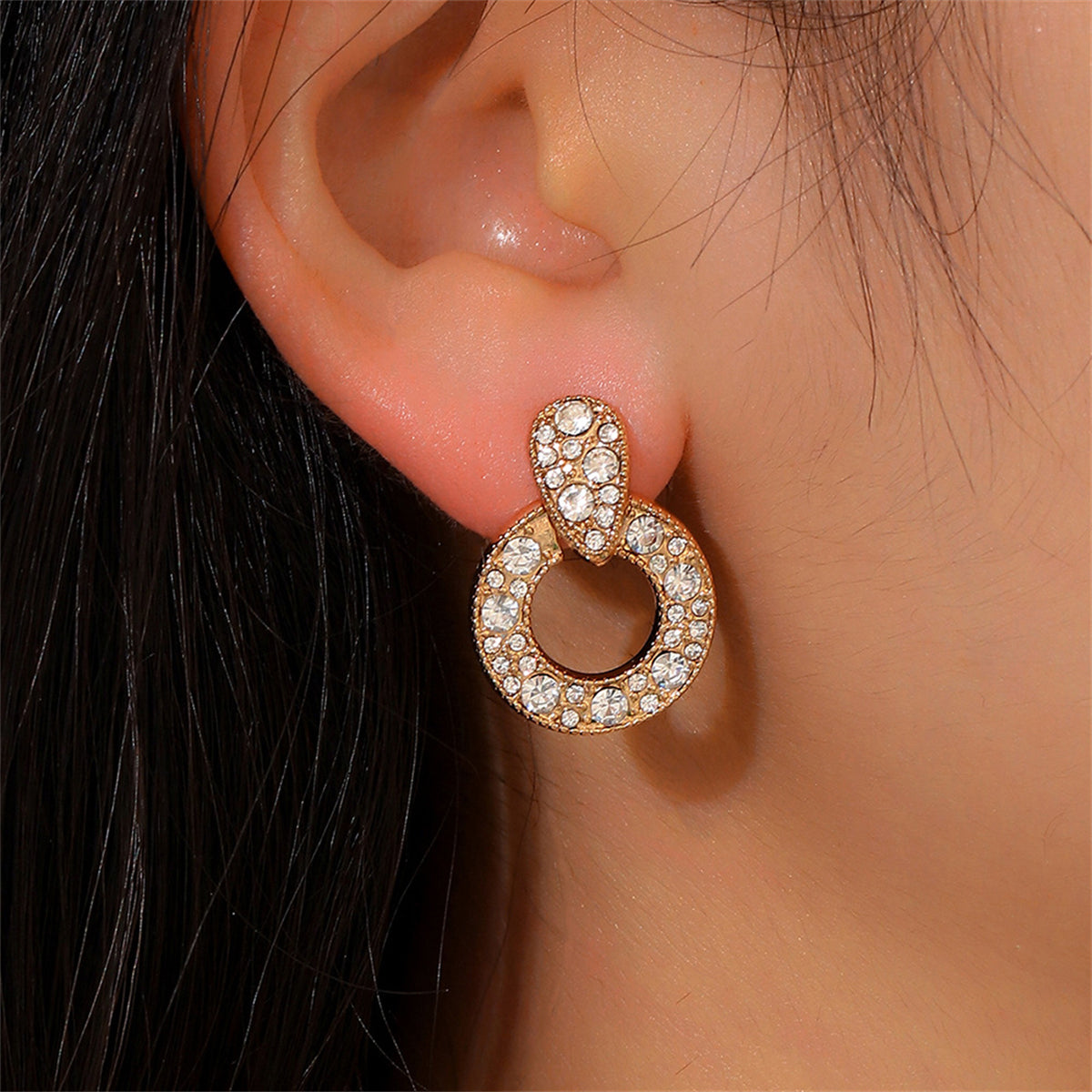 Cubic Zirconia and 18K Gold-Plated Round Drop Earrings, gold drop earrings for women, vintage-inspired design, front view