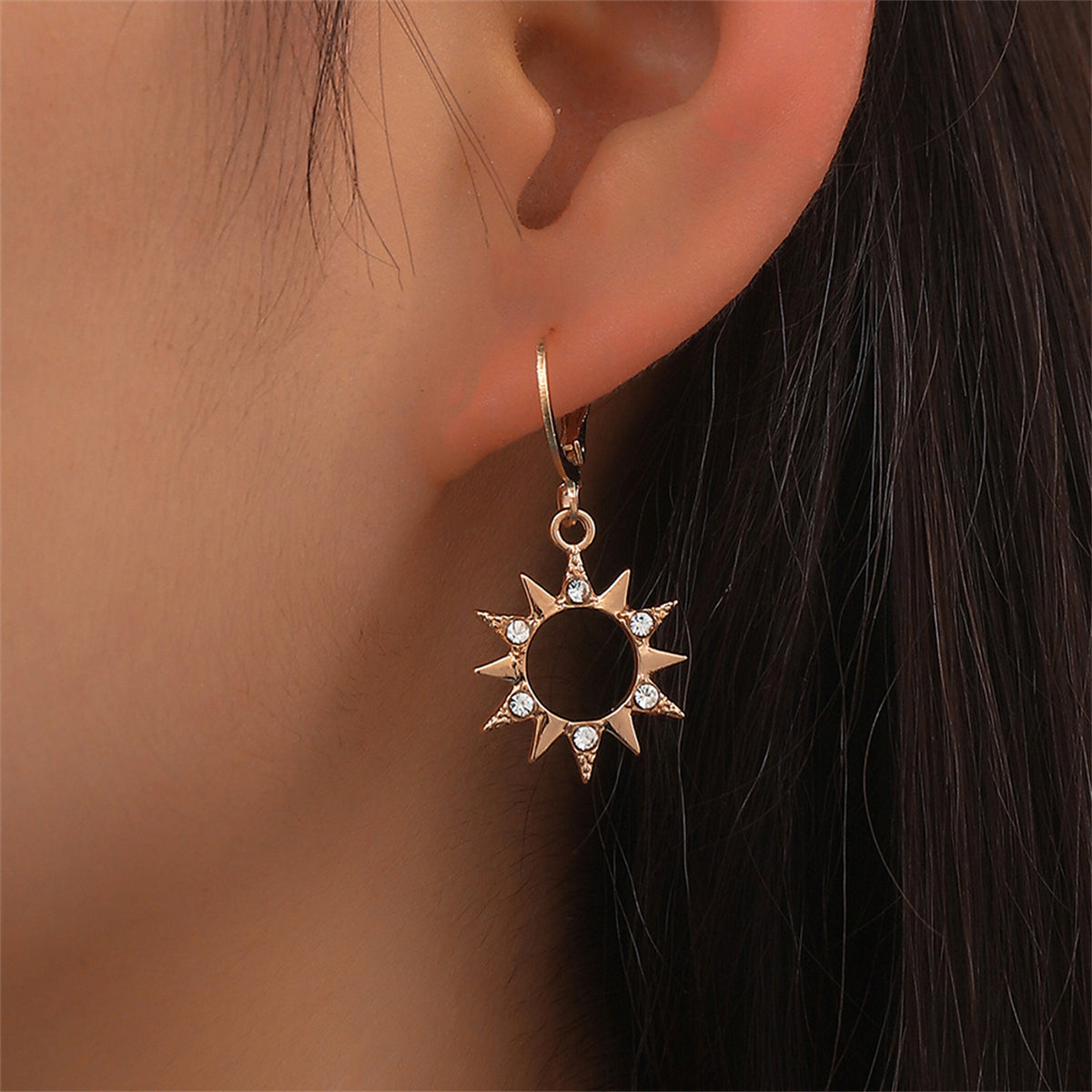 Cubic Zirconia and 18K Gold-Plated Sun Huggie Earrings, gold huggie earrings, elegant gift for her, styled look