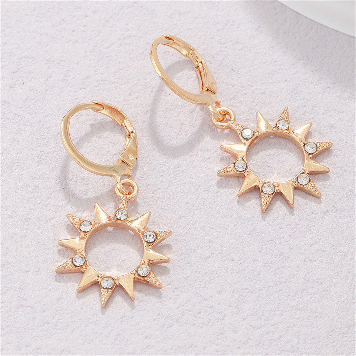 Cubic Zirconia and 18K Gold-Plated Sun Huggie Earrings, gold huggie earrings, elegant gift for her, detail close-up