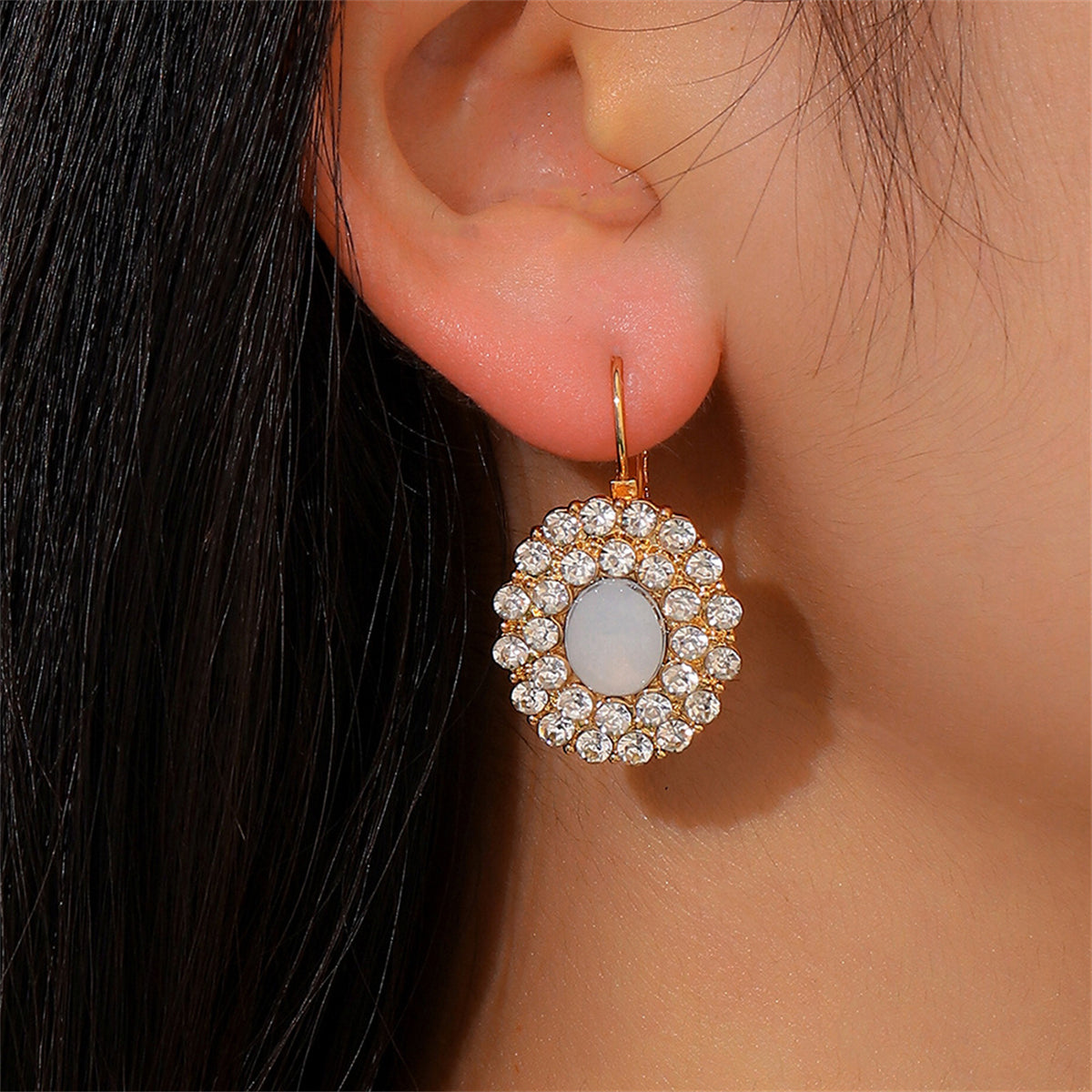 Cream Crystal and Cubic Zirconia Oval Huggie Earrings, huggie earrings, vintage-inspired design, detail close-up