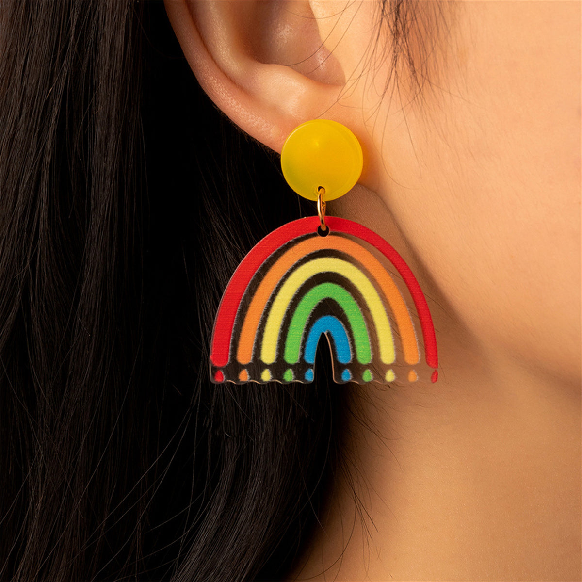 Yellow and Red Rainbow Drop Earrings, drop earrings for women, dainty minimalist design, lifestyle look