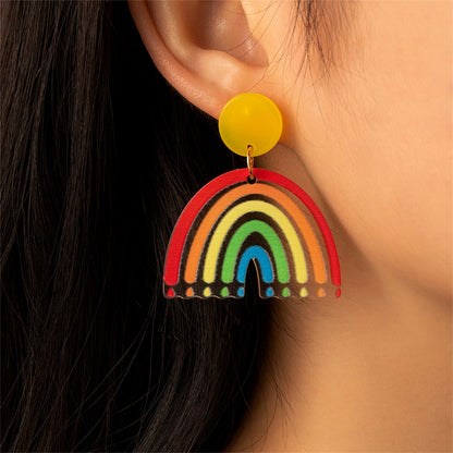 Yellow and Red Rainbow Drop Earrings, drop earrings for women, dainty minimalist design, lifestyle look