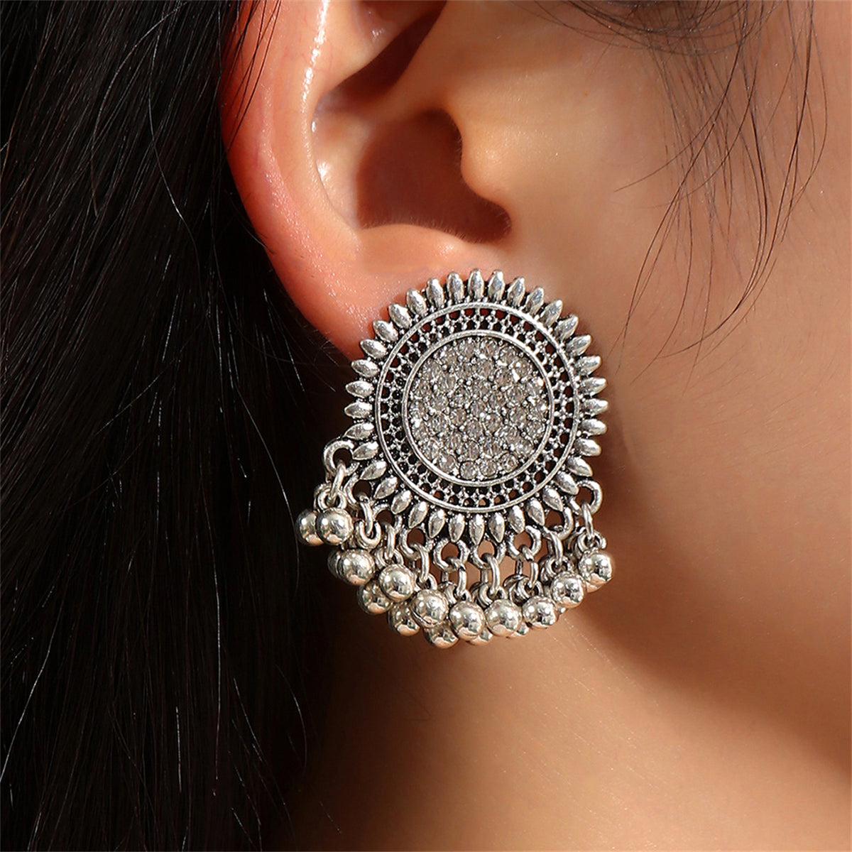Cubic Zirconia and Silver-Plated Sunflower Bead Tassel Drop Earrings, silver drop earrings for women, front view