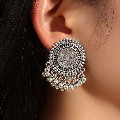 Cubic Zirconia and Silver-Plated Sunflower Bead Tassel Drop Earrings, silver drop earrings for women, front view