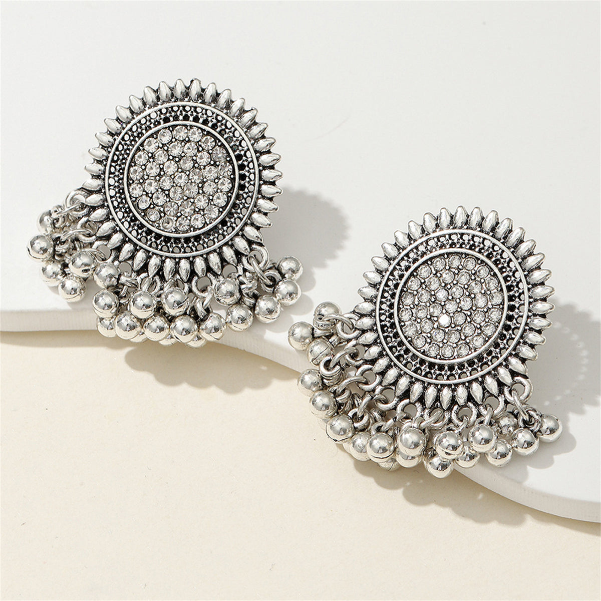Cubic Zirconia and Silver-Plated Sunflower Bead Tassel Drop Earrings, silver drop earrings for women, lifestyle look
