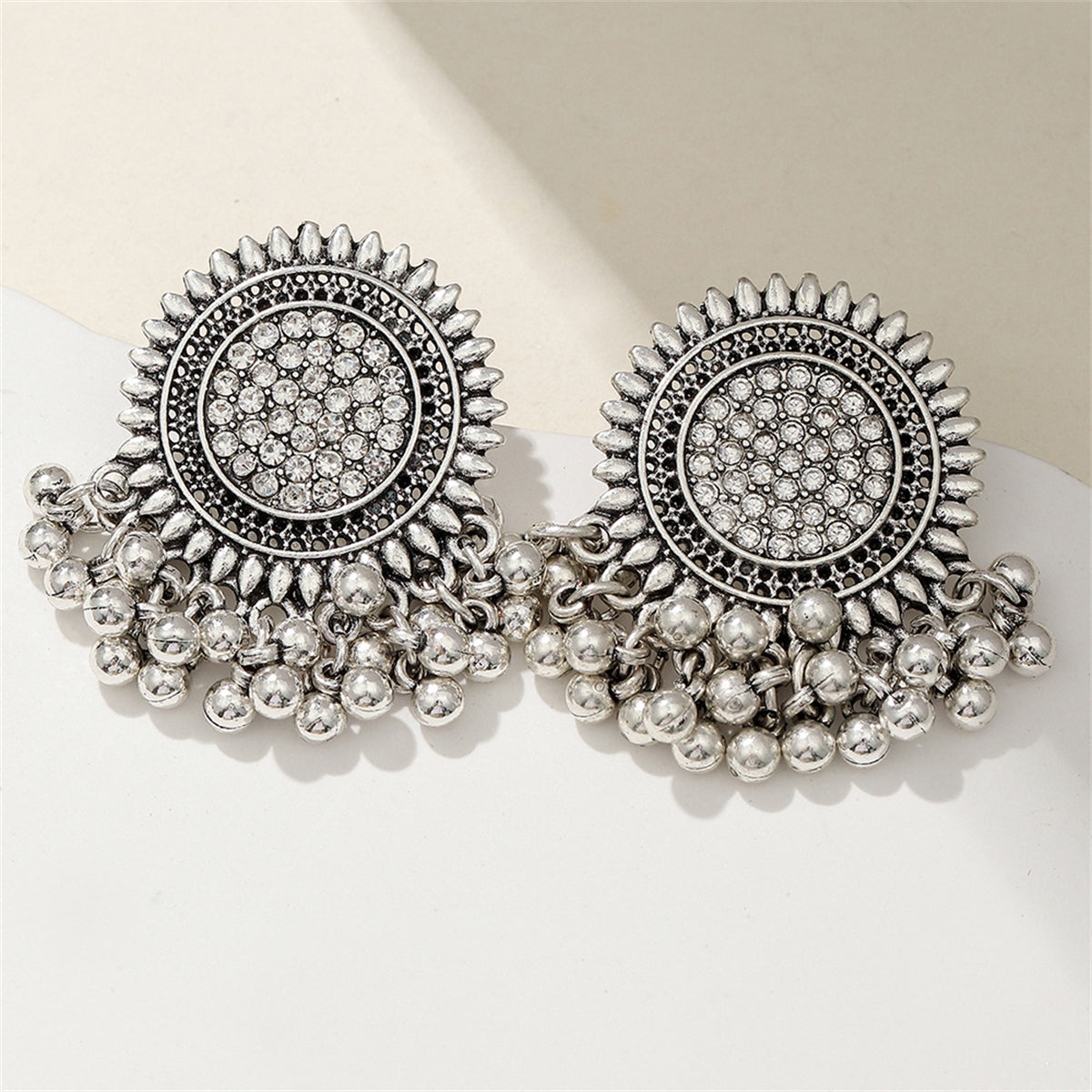 Cubic Zirconia and Silver-Plated Sunflower Bead Tassel Drop Earrings, silver drop earrings for women, detail close-up