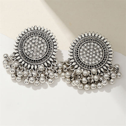 Cubic Zirconia and Silver-Plated Sunflower Bead Tassel Drop Earrings, silver drop earrings for women, detail close-up