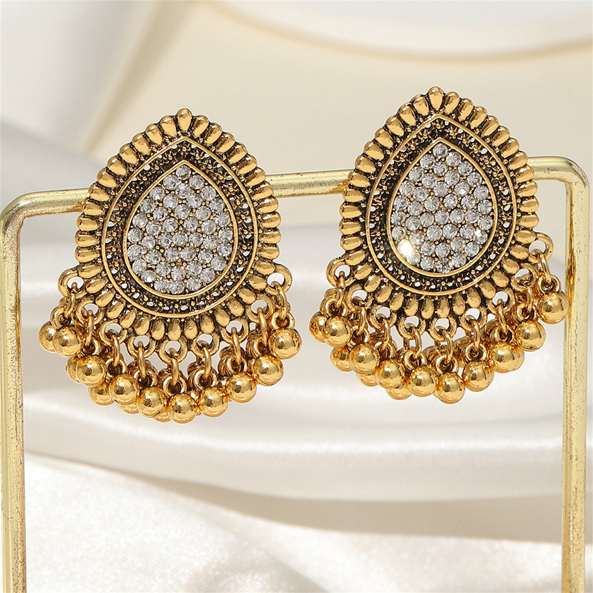 Cubic Zirconia and 18K Gold-Plated Hola Bead Tassel Drop Earrings, gold drop earrings for women, detail close-up