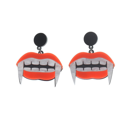 Red and White Vampire Mouth Drop Earrings, drop earrings for women, vintage-inspired design, front view