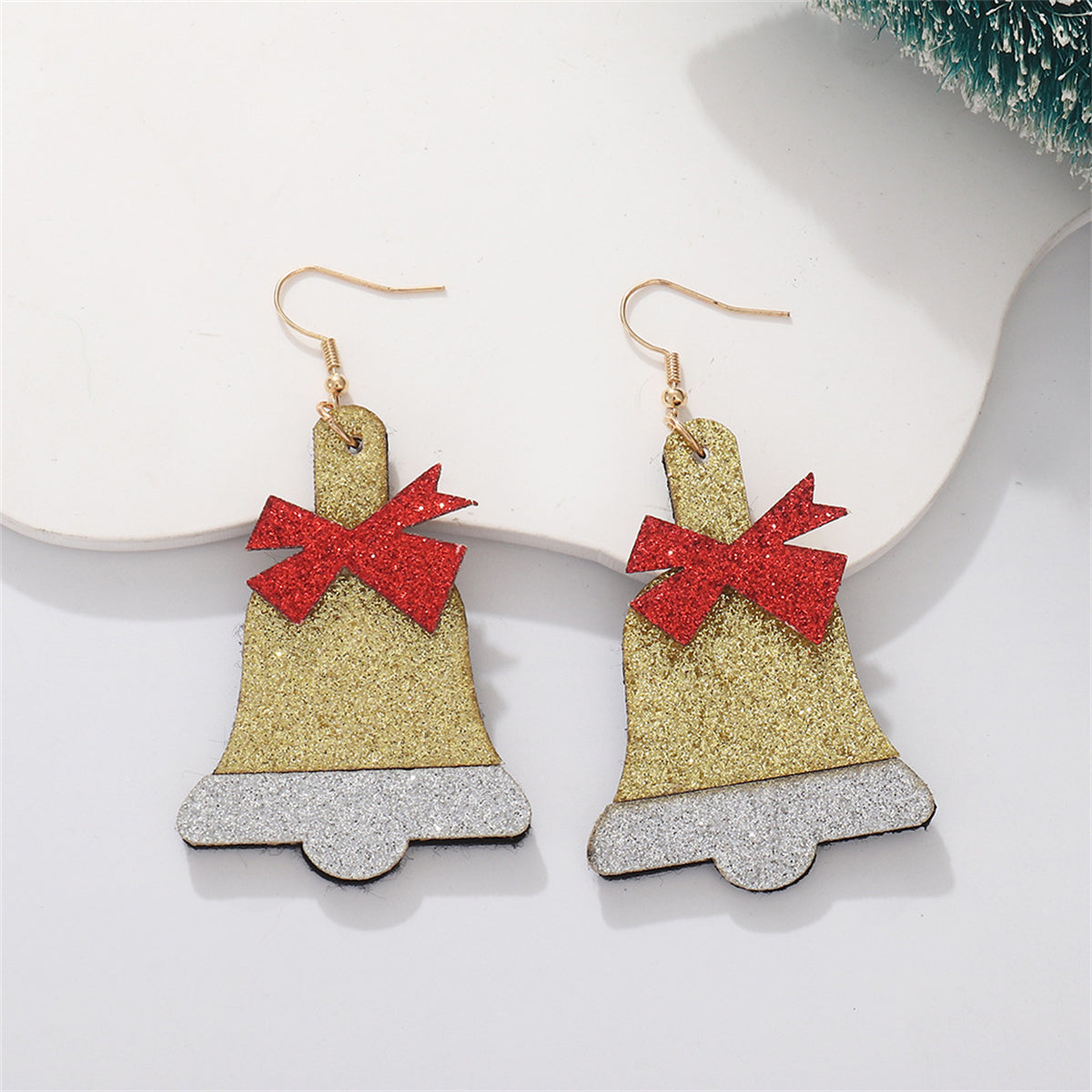 Red Polystyrene and 18K Gold-Plated Glitter Bell Drop Earrings, gold drop earrings for women, botanical inspired, front view