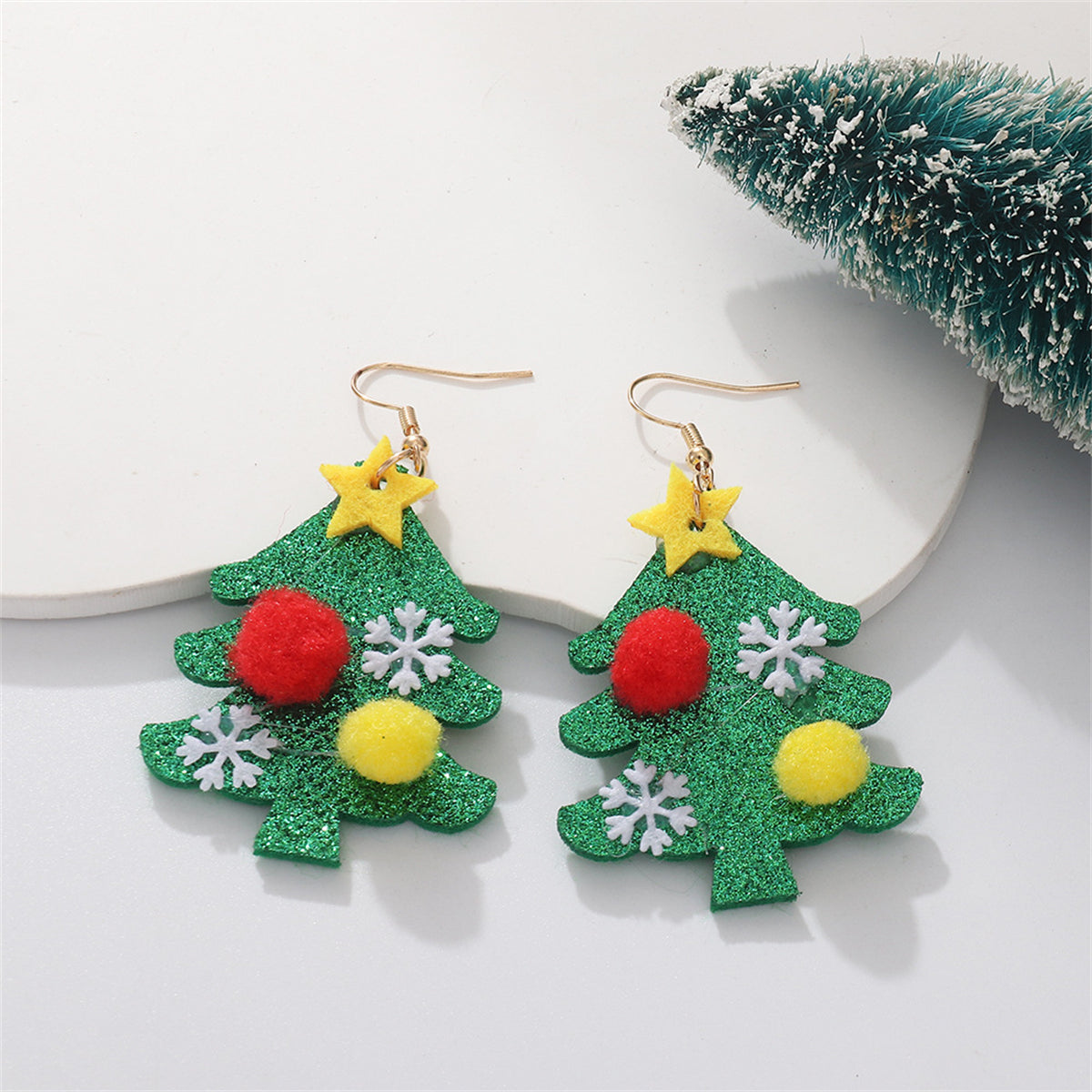 Green and 18K Gold-Plated Holiday Tree Drop Earrings, gold drop earrings for women, dainty minimalist design, front view