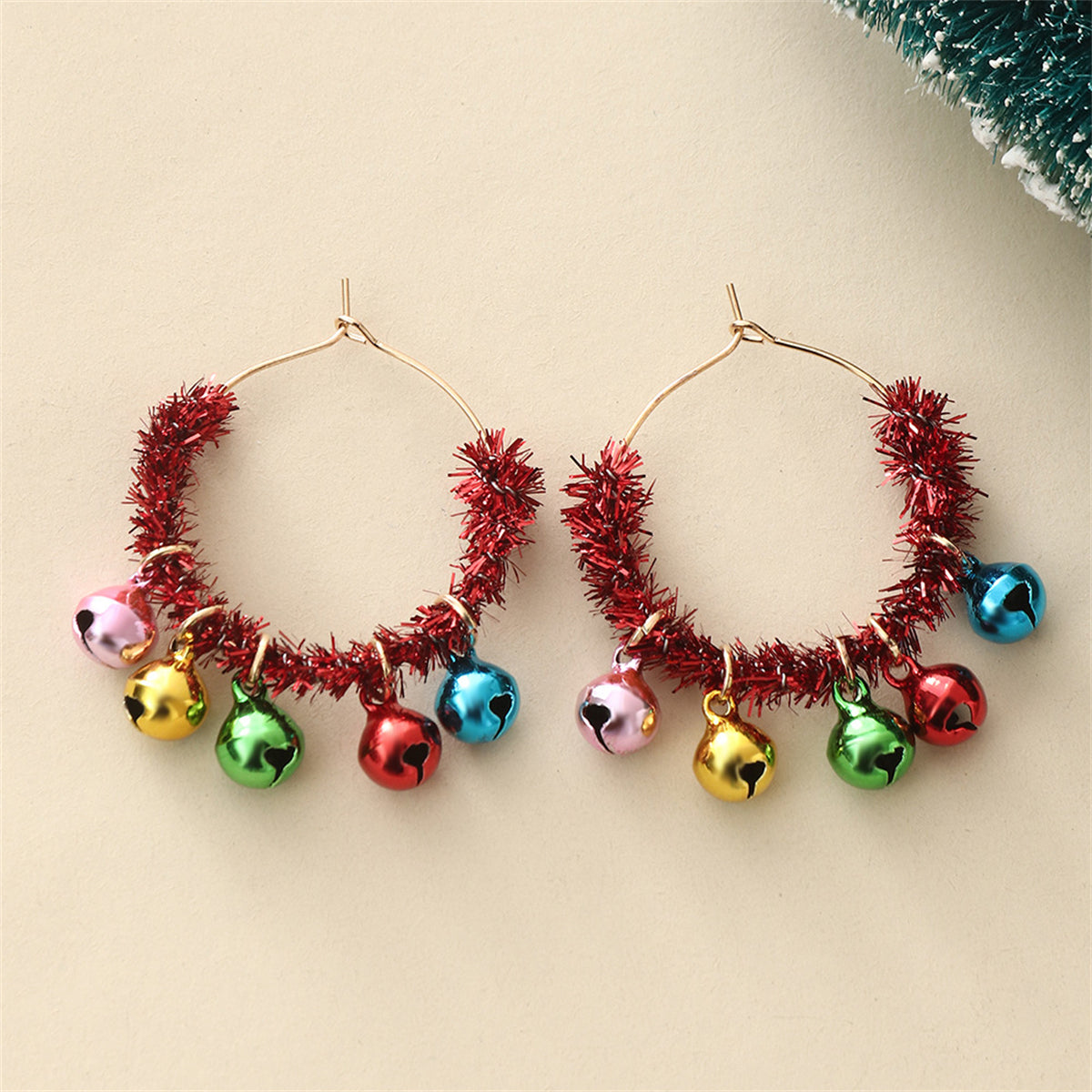 Red Enamel & Plastic 18K Gold-Plated Tinsel Bells Huggie Earrings