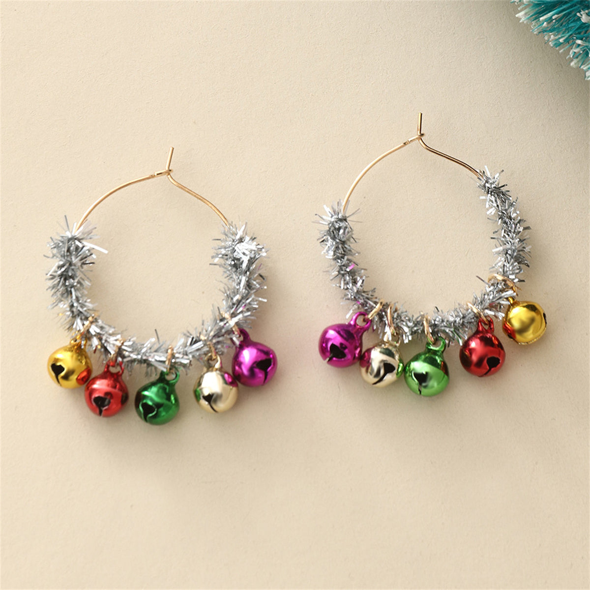 Gray Plastic and Enamel 18K Gold-Plated Tinsel Bells Huggie Earrings, gold huggie earrings, front view