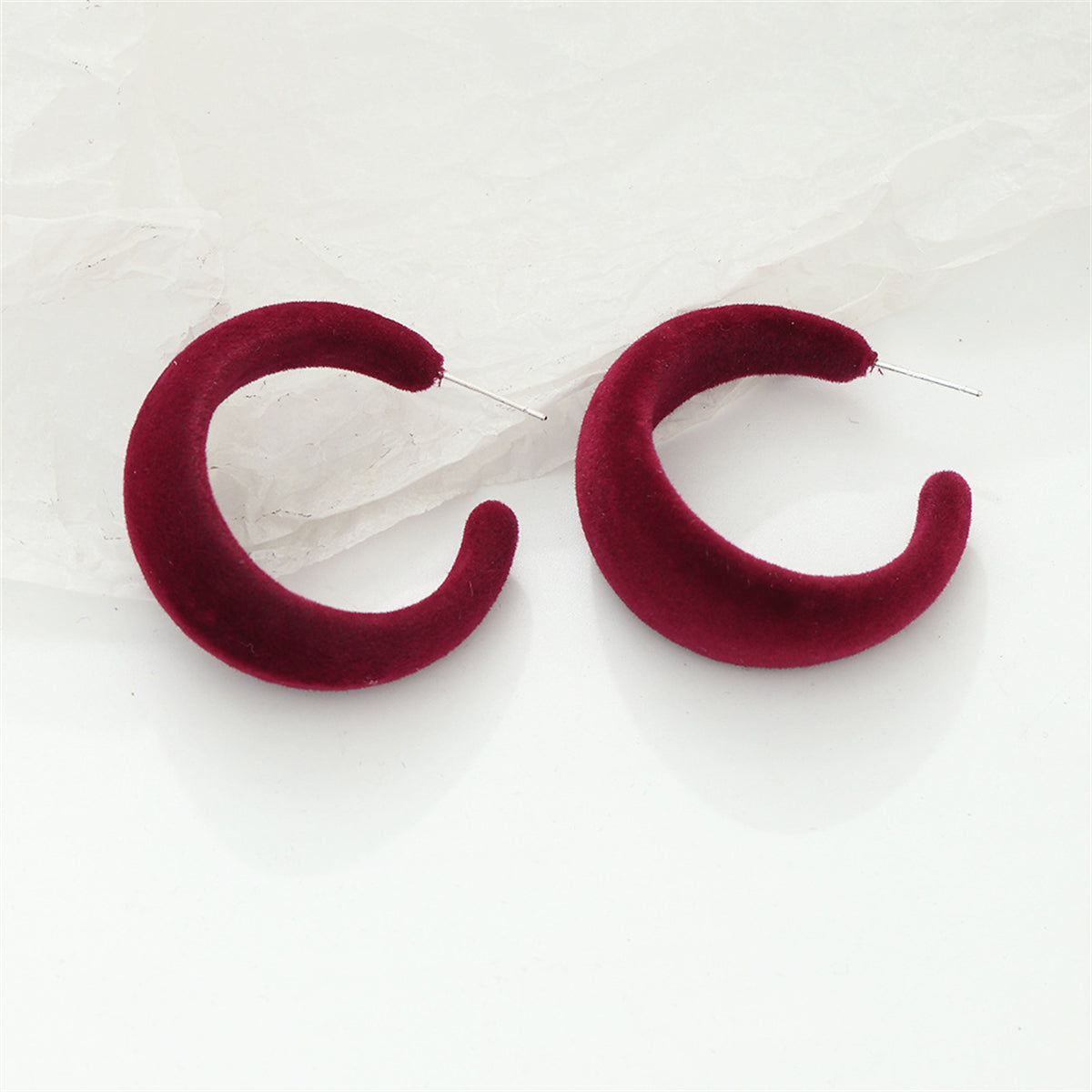 Red Nylon and Silver-Plated Huggie Earrings, silver huggie earrings, elegant gift for her, front view