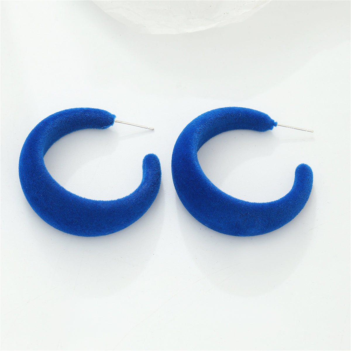 Blue Flocking and Silver-Plated Huggie Earrings, silver huggie earrings, vintage-inspired design, front view