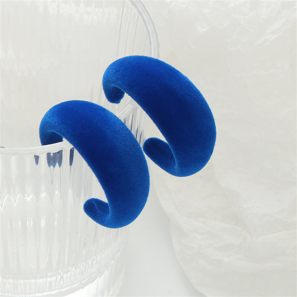 Blue Flocking and Silver-Plated Huggie Earrings, silver huggie earrings, vintage-inspired design, detail close-up