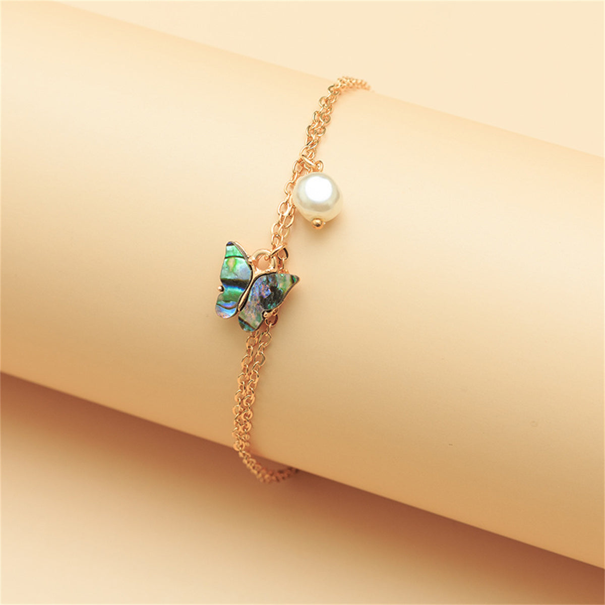 Abalone Shell and 18K Gold-Plated Butterfly Anklet, gold anklet bracelet, vintage-inspired design, front view