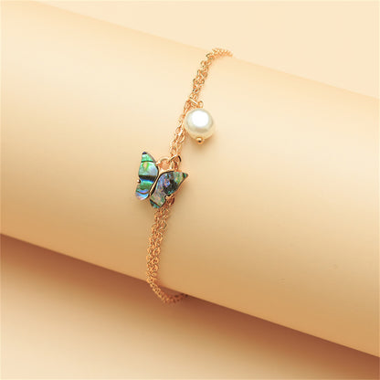 Abalone Shell and 18K Gold-Plated Butterfly Anklet, gold anklet bracelet, vintage-inspired design, front view
