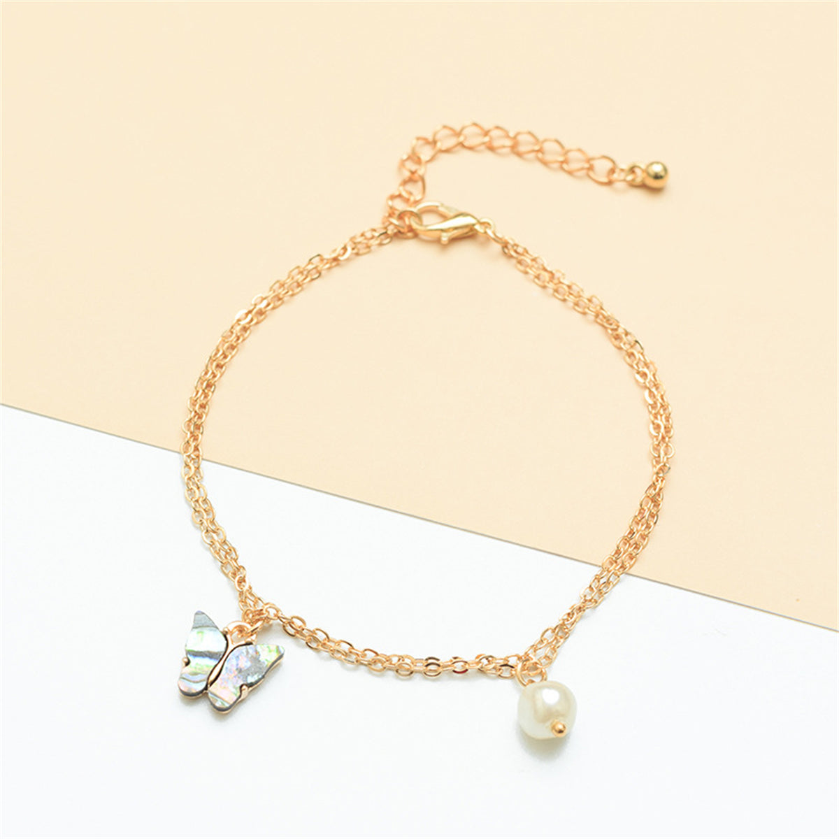 Abalone Shell and 18K Gold-Plated Butterfly Anklet, gold anklet bracelet, vintage-inspired design, detail close-up