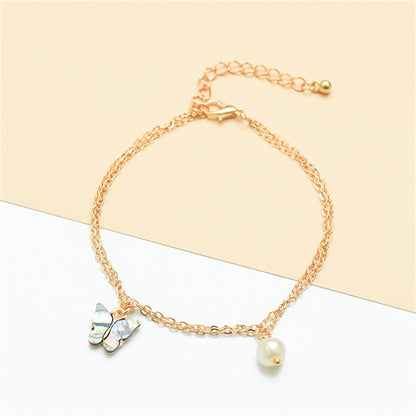 Abalone Shell and 18K Gold-Plated Butterfly Anklet, gold anklet bracelet, vintage-inspired design, detail close-up