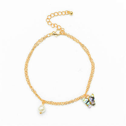 Abalone Shell and 18K Gold-Plated Butterfly Anklet, gold anklet bracelet, vintage-inspired design, side view