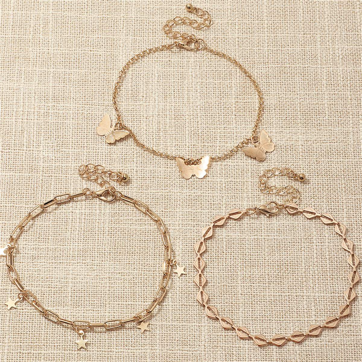 18K Gold-Plated Star and Butterfly Three-Piece Adjustable Anklet Set, jewelry gift sets for women, detail close-up