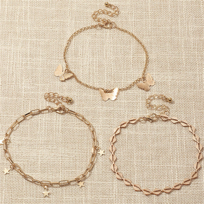 18K Gold-Plated Star and Butterfly Three-Piece Adjustable Anklet Set, jewelry gift sets for women, detail close-up