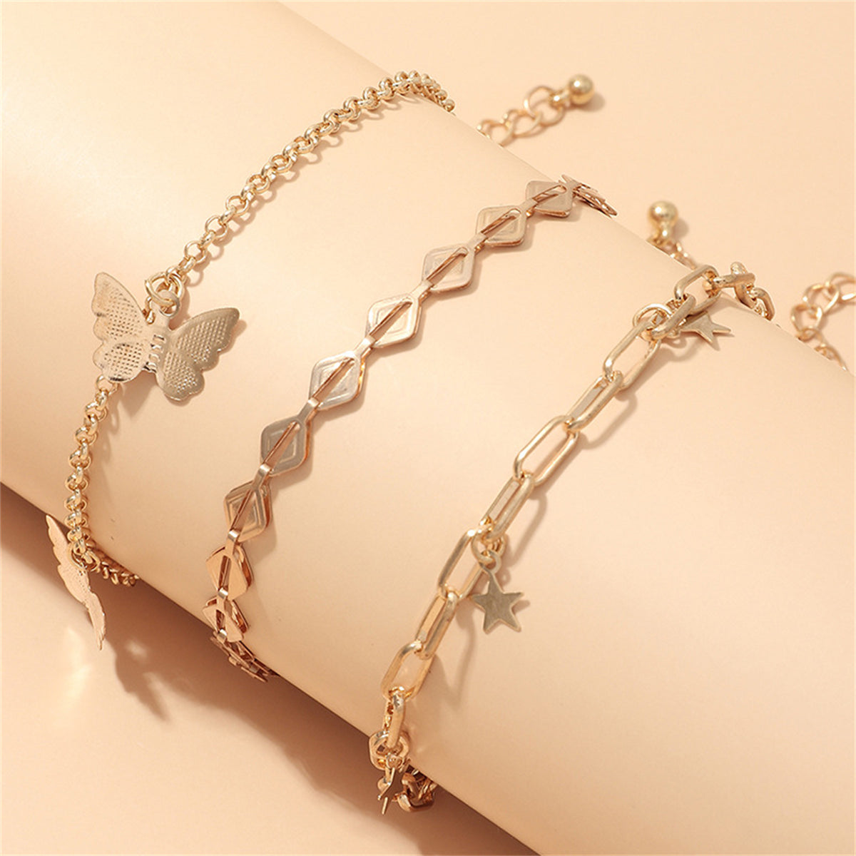 18K Gold-Plated Star and Butterfly Three-Piece Adjustable Anklet Set, jewelry gift sets for women, lifestyle look