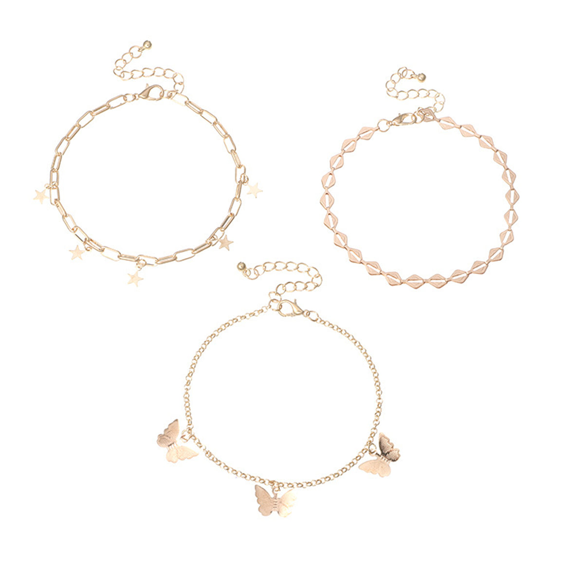 18K Gold-Plated Star and Butterfly Three-Piece Adjustable Anklet Set, jewelry gift sets for women, side view