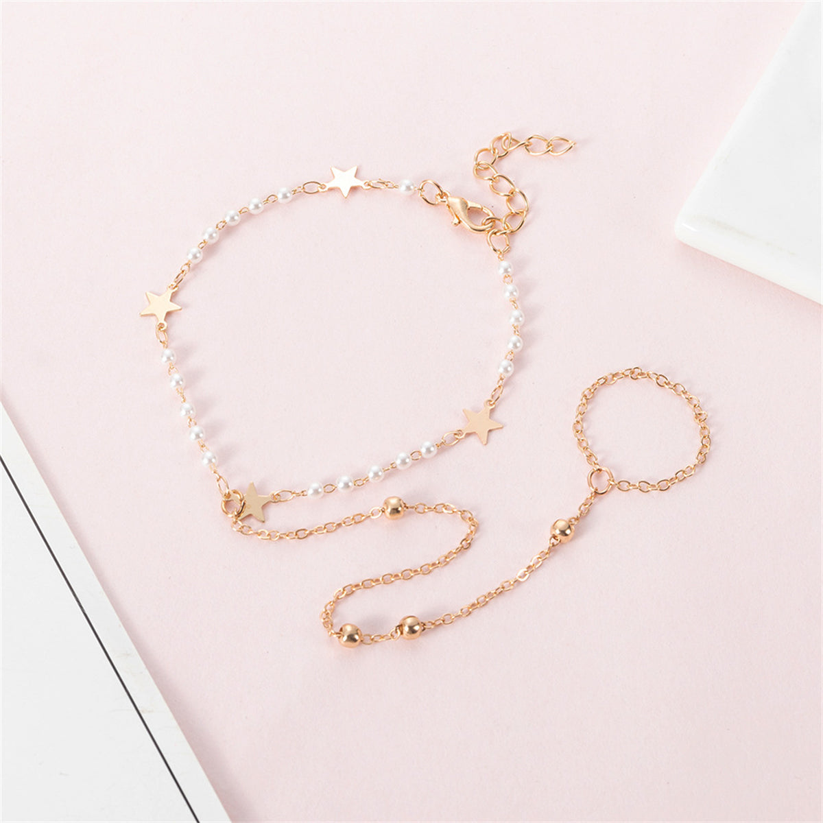 Pearl and 18K Gold-Plated Star Ankle-To-Toe Ring Anklet, gold statement rings for women, botanical inspired, front view
