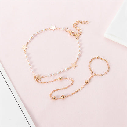 Pearl and 18K Gold-Plated Star Ankle-To-Toe Ring Anklet, gold statement rings for women, botanical inspired, front view