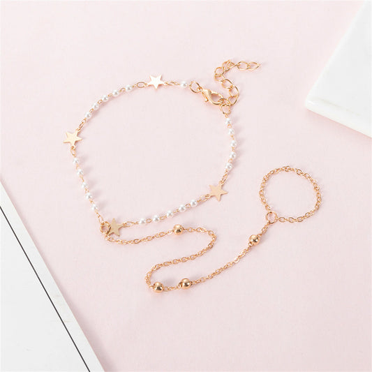 Pearl and 18K Gold-Plated Star Ankle-To-Toe Ring Anklet, gold statement rings for women, botanical inspired, front view