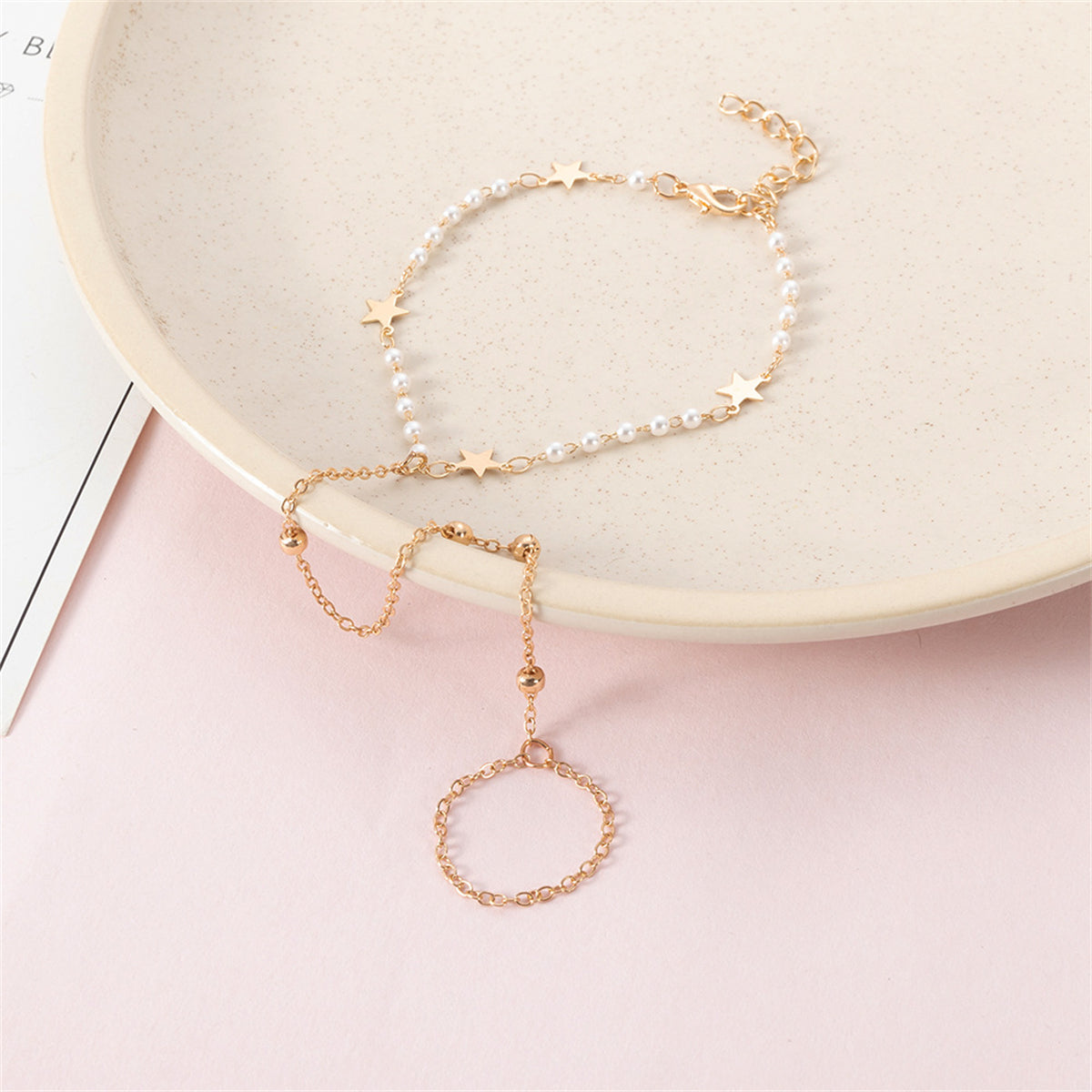 Pearl and 18K Gold-Plated Star Ankle-To-Toe Ring Anklet, gold statement rings for women, botanical inspired, side view